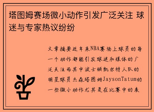 塔图姆赛场微小动作引发广泛关注 球迷与专家热议纷纷