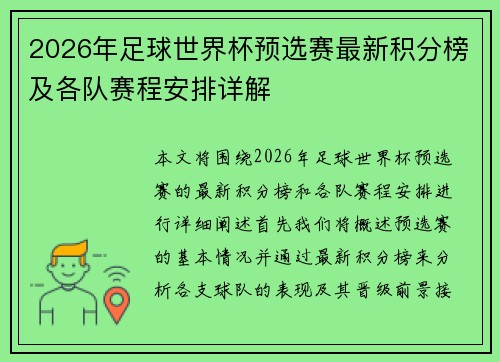 2026年足球世界杯预选赛最新积分榜及各队赛程安排详解