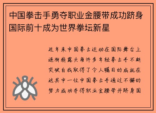 中国拳击手勇夺职业金腰带成功跻身国际前十成为世界拳坛新星