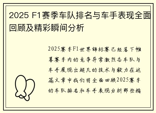 2025 F1赛季车队排名与车手表现全面回顾及精彩瞬间分析