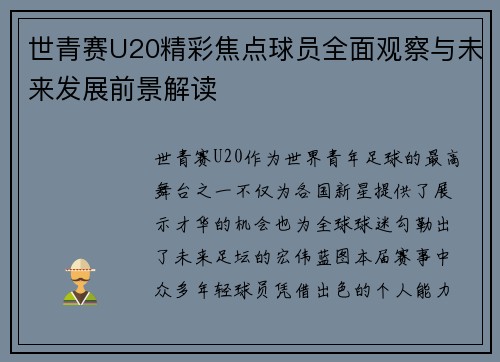 世青赛U20精彩焦点球员全面观察与未来发展前景解读 世青赛U20精彩焦点球员全面观察与未来发展前景解读